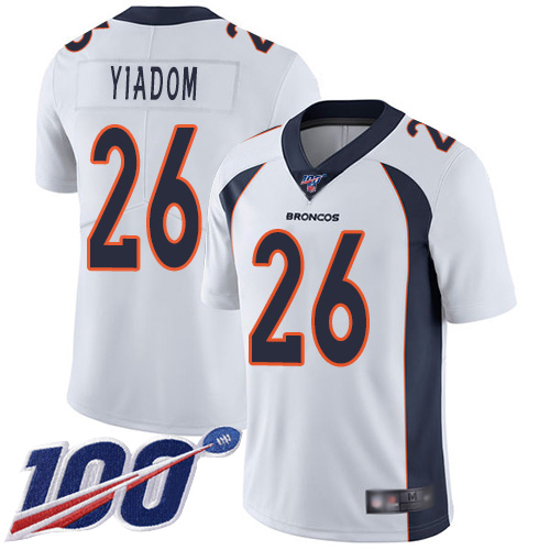 Men Denver Broncos #26 Isaac Yiadom White Vapor Untouchable Limited Player 100th Season Football NFL Jersey->women nfl jersey->Women Jersey